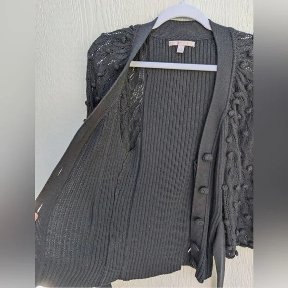 Rebecca Taylor Black Wool Blend Pompom Tie Front Cardigan Sweater - Picture 4 of 8